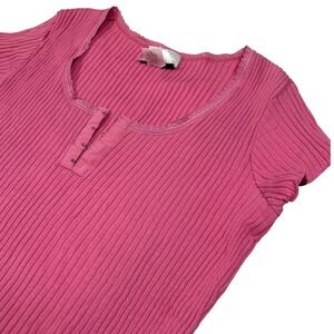 Vintage Fashion Bug Pink Ribbed Henley Top 90s Y2K HookEye Lace Trim 0X Baby Tee
